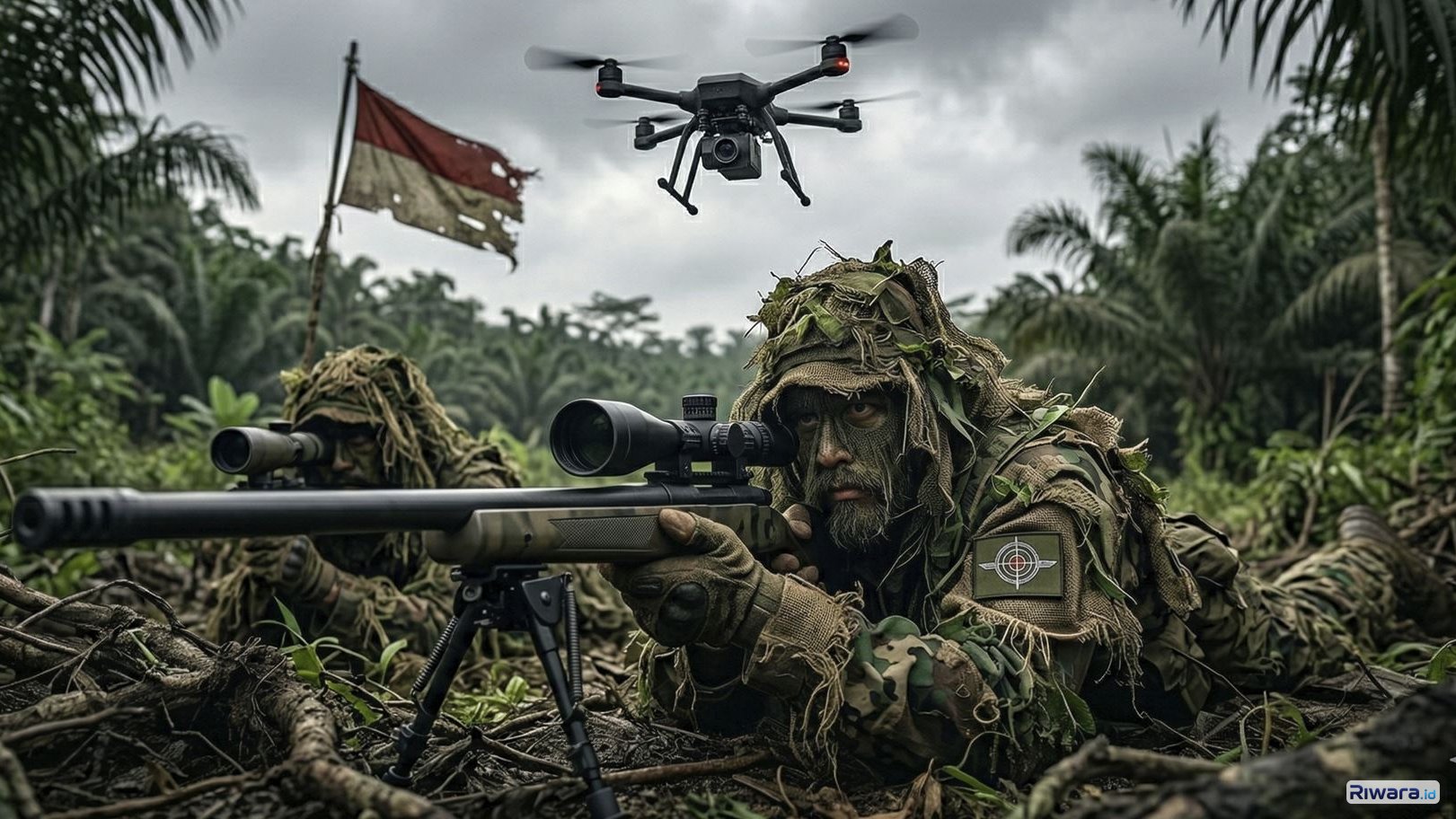 Ilustrasi sniper vs drone dibuat dengan bantuan AI